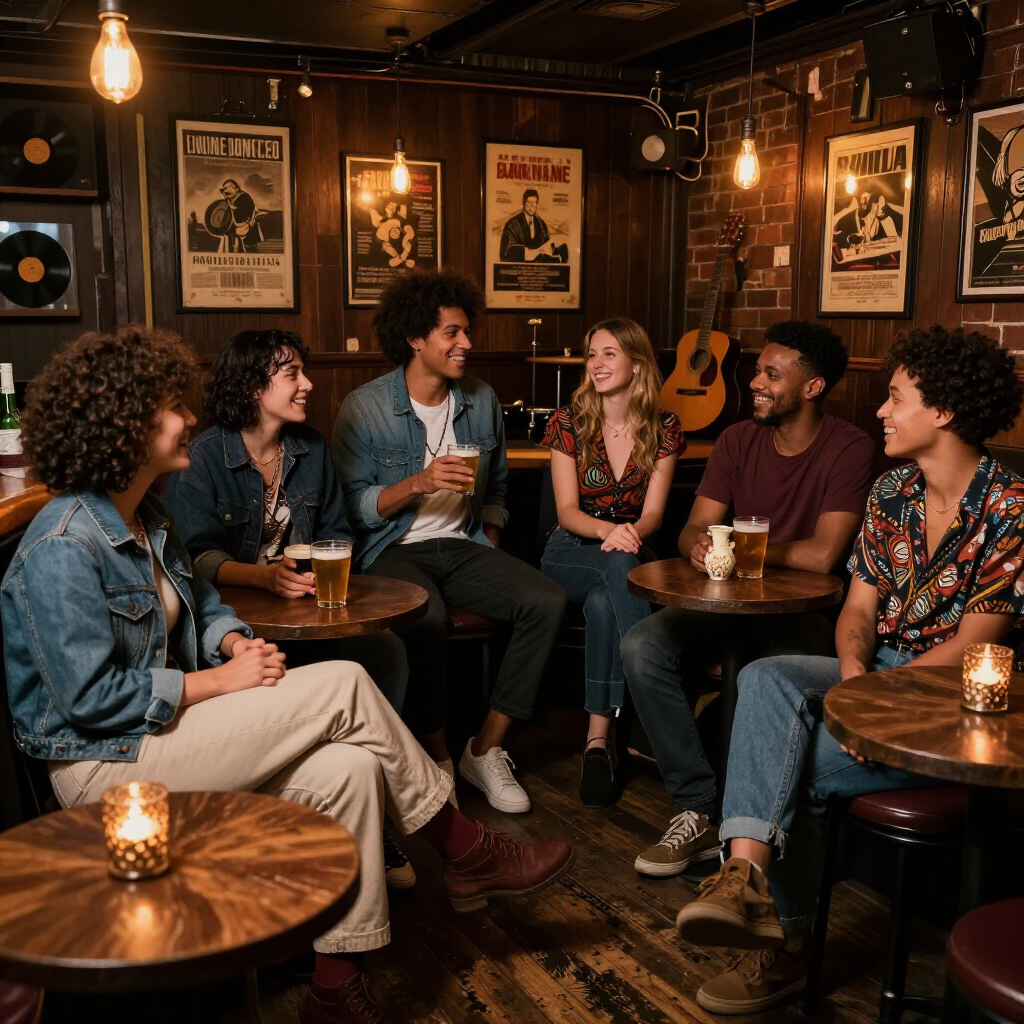 Friends chatting over drinks in a cozy, dimly lit bar with warm hanging lights and framed posters.