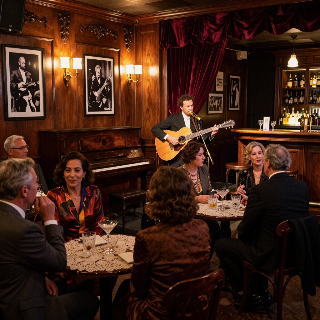 Live musician playing guitar in a dim, wood-paneled lounge with seated guests at tables