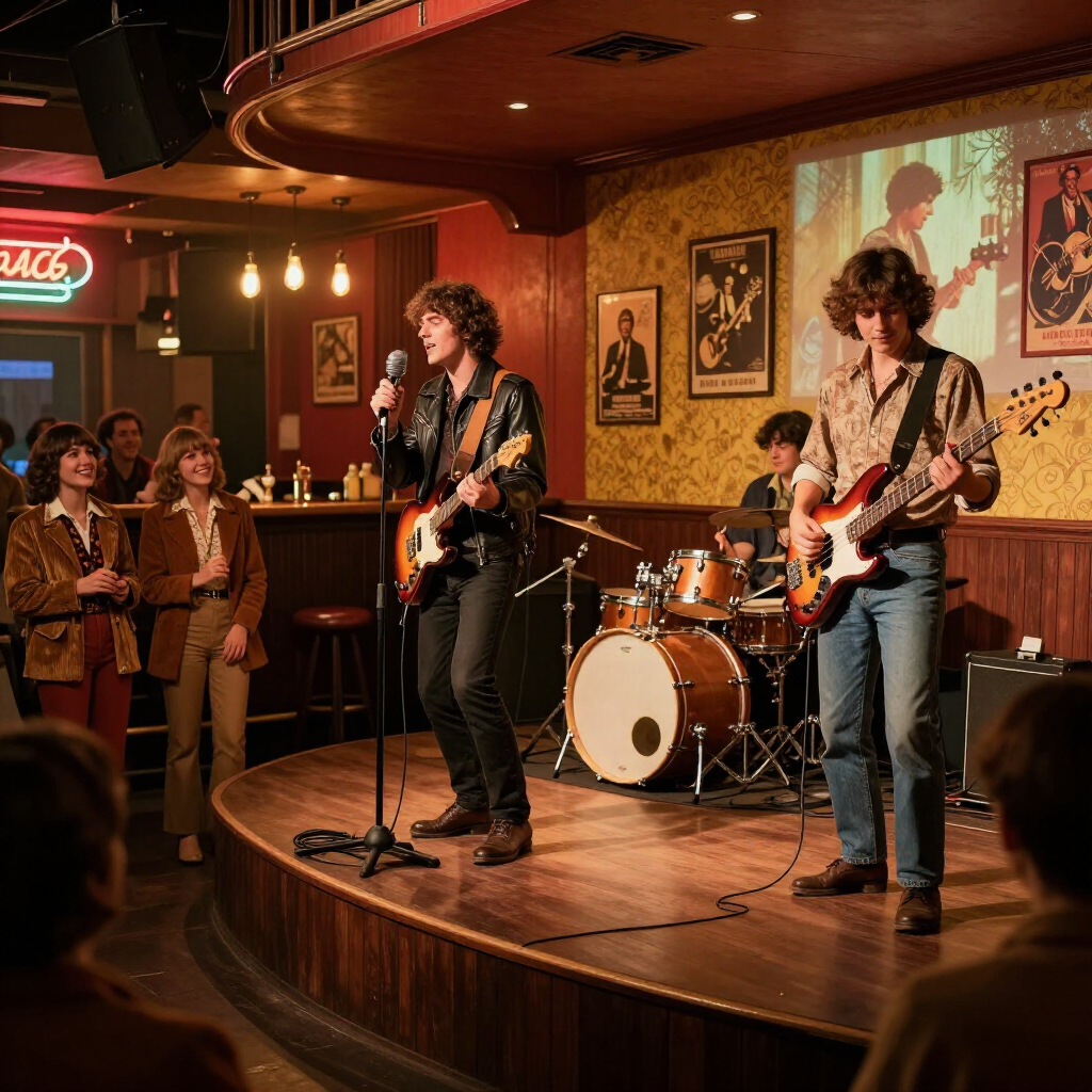 Live band performing on a small club stage with guitars, drums, and audience watching