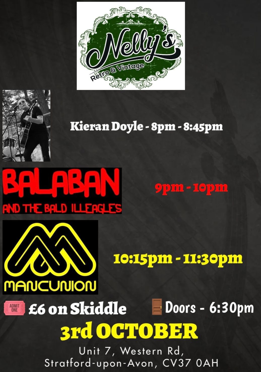 Music gig poster for The Green Room, with Kieran Doyle, Balaban, and Mancunion; 3 Oct, 7pm, 66 Skinclad.