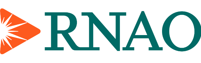 A logo for rnao with an orange triangle on a white background.