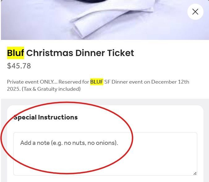 Image shows special instruction box to put in guest name for us to put them on guests list.