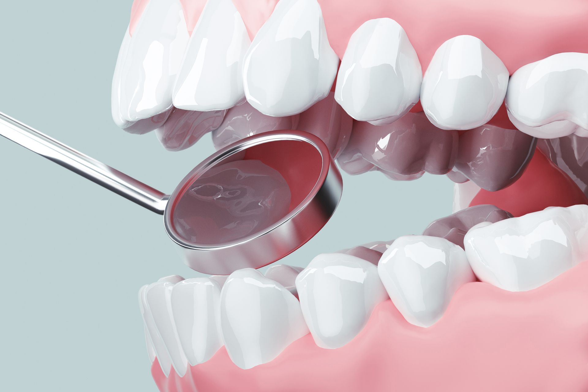 Close-up of dental checkup with mirror examining teeth and gums. 