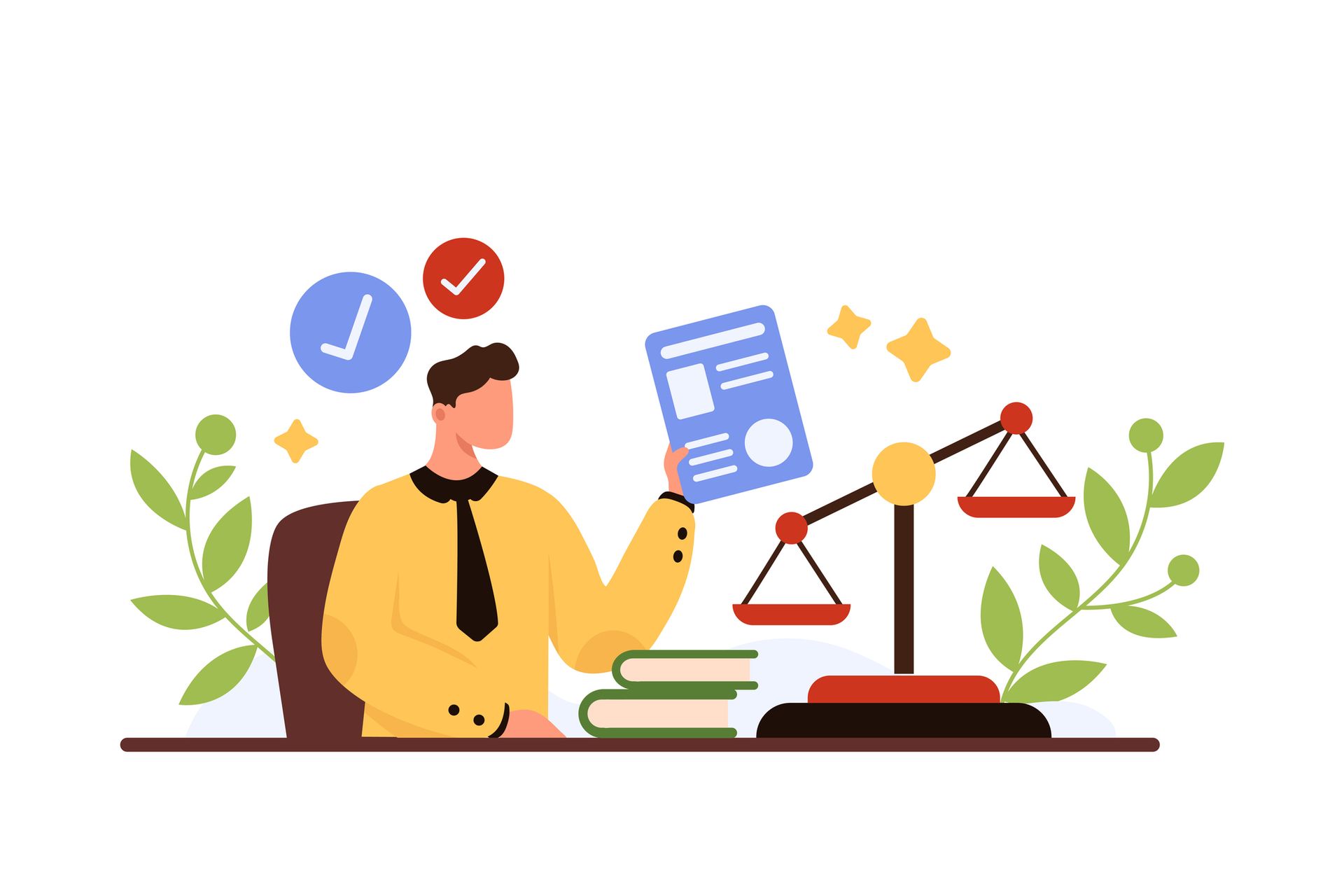 Un uomo è seduto a una scrivania e tiene in mano un pezzo di carta e una bilancia.