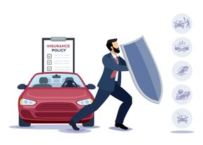 Un uomo tiene in mano uno scudo davanti a un'auto.