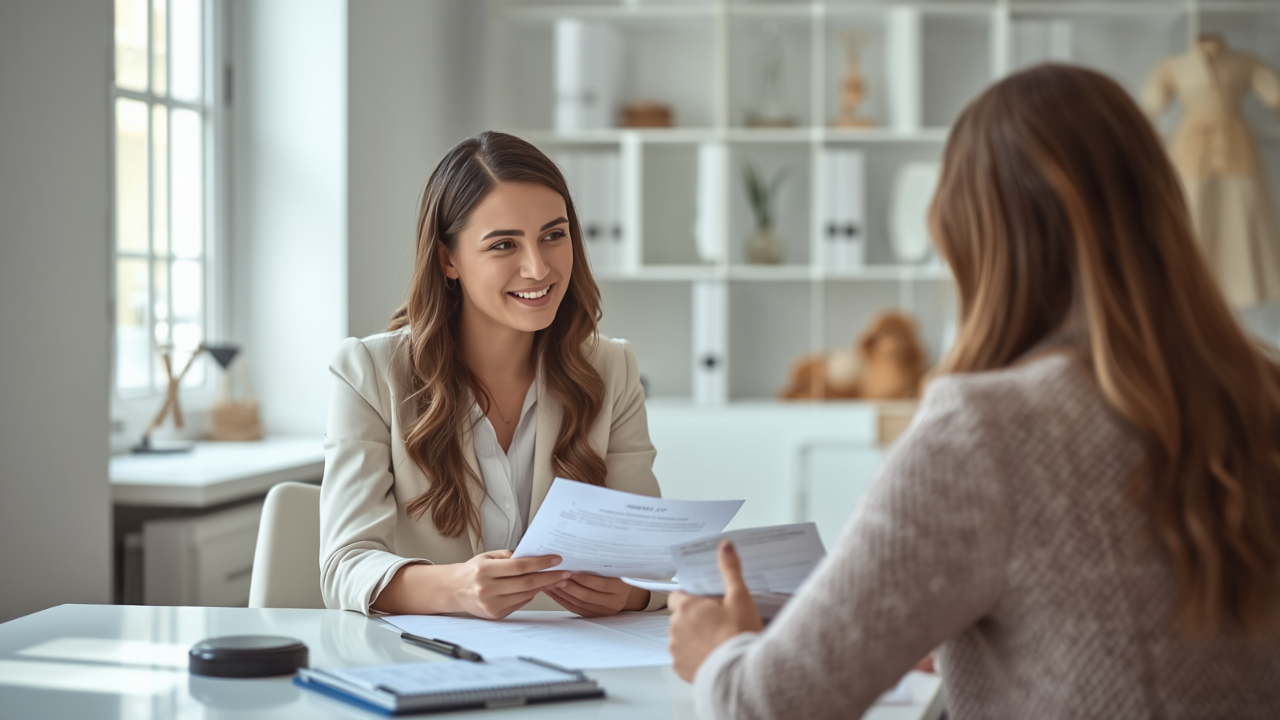 Two women talking at a table in a bright office, one holding papers and smiling