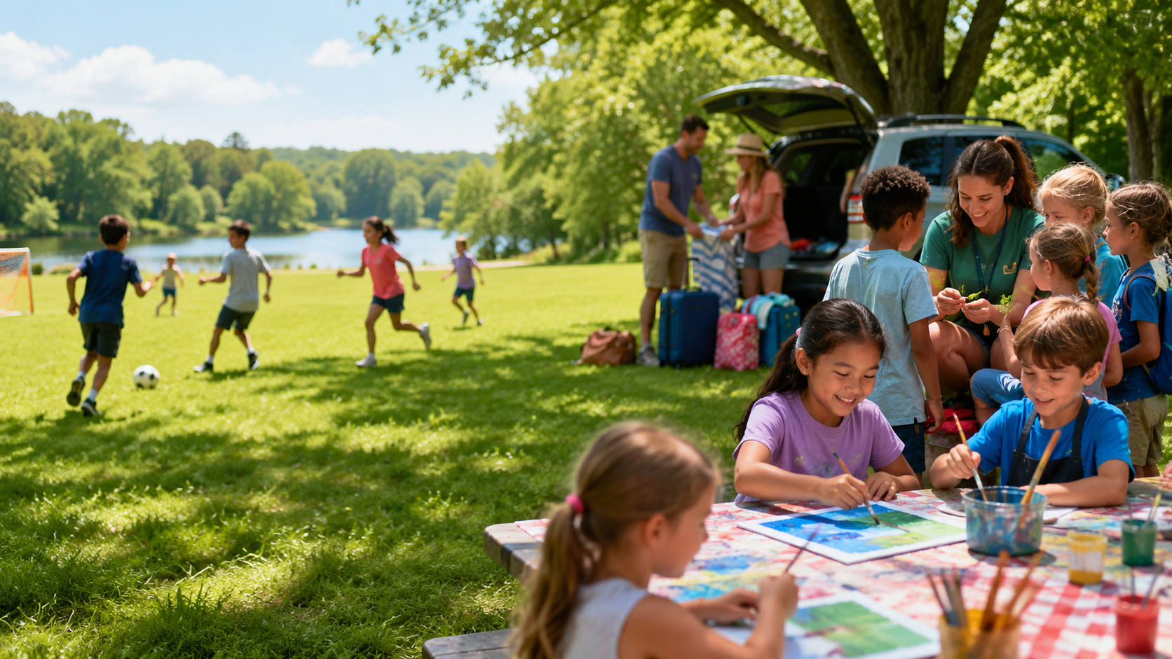 a handful of adults and children outside. Some kids are playing soccer, while others paint at a tabl