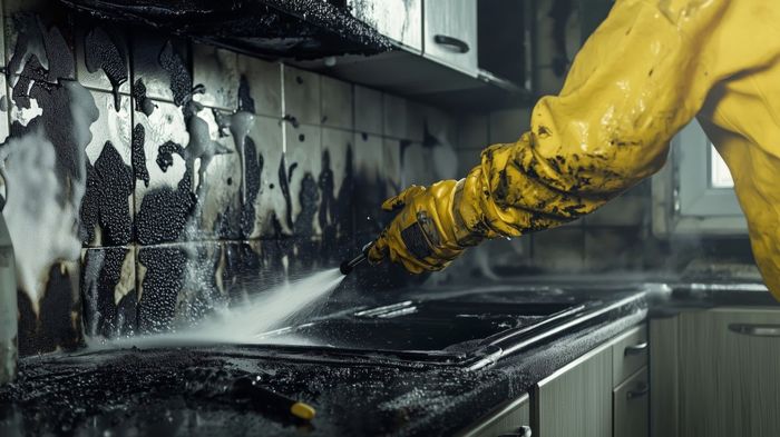 Person in yellow protective gear cleaning a burnt kitchen with a pressure washer.