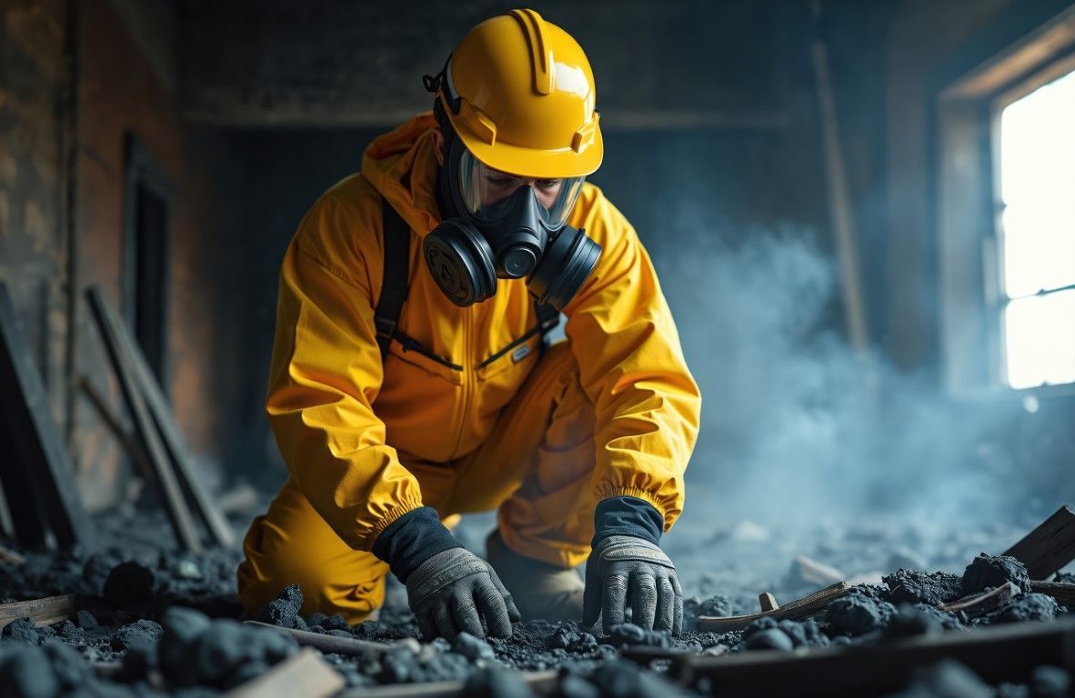 Person in yellow hazmat suit and mask inspects debris in a damaged building, smoke present.