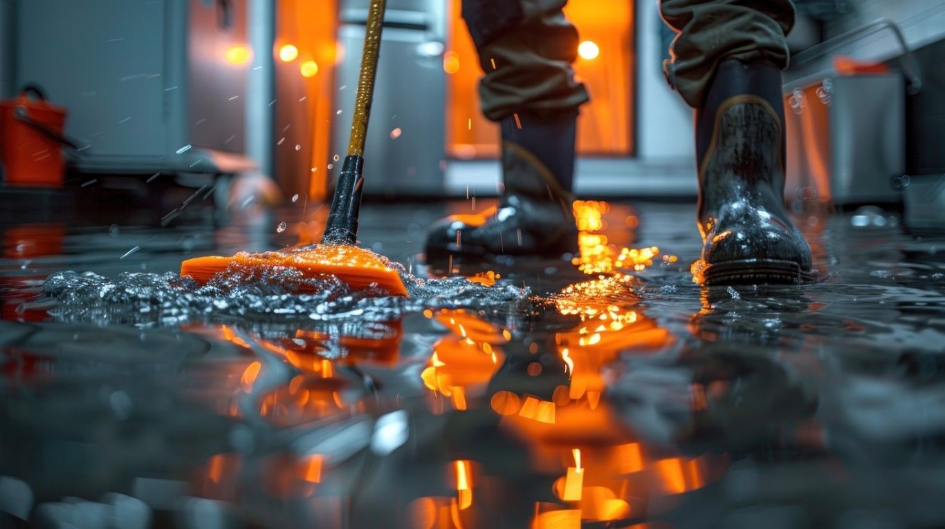 Person mopping a wet floor; orange mop head splashes water. Reflective boots. Warm orange glow.