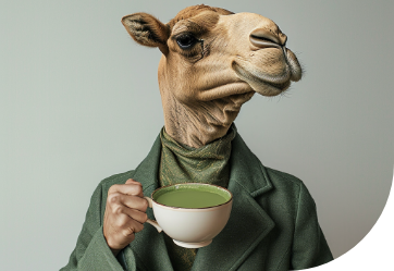 A man with a camel head is holding a cup of tea.