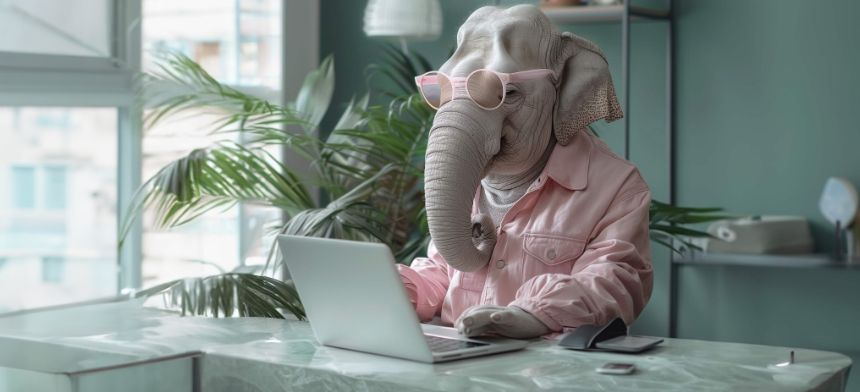 A person dressed as an elephant is sitting at a desk using a laptop computer.