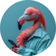 A flamingo is wearing a blue jacket and holding a cell phone.