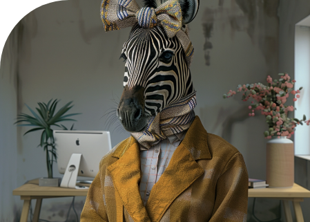 A zebra with a bow tie on its head is sitting at a desk in front of a computer.