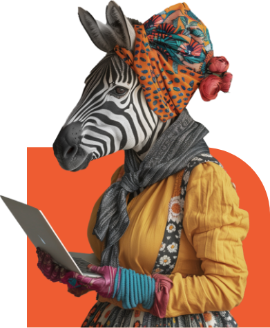 A woman with a zebra head holding a laptop