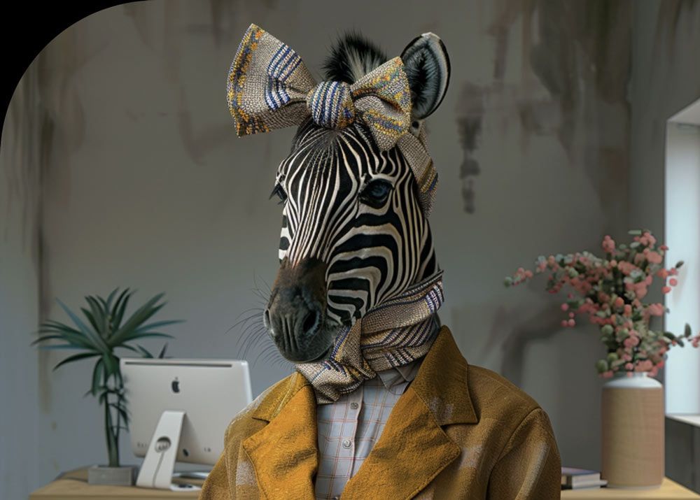 A zebra with a bow tie on its head is sitting at a desk in front of a computer.