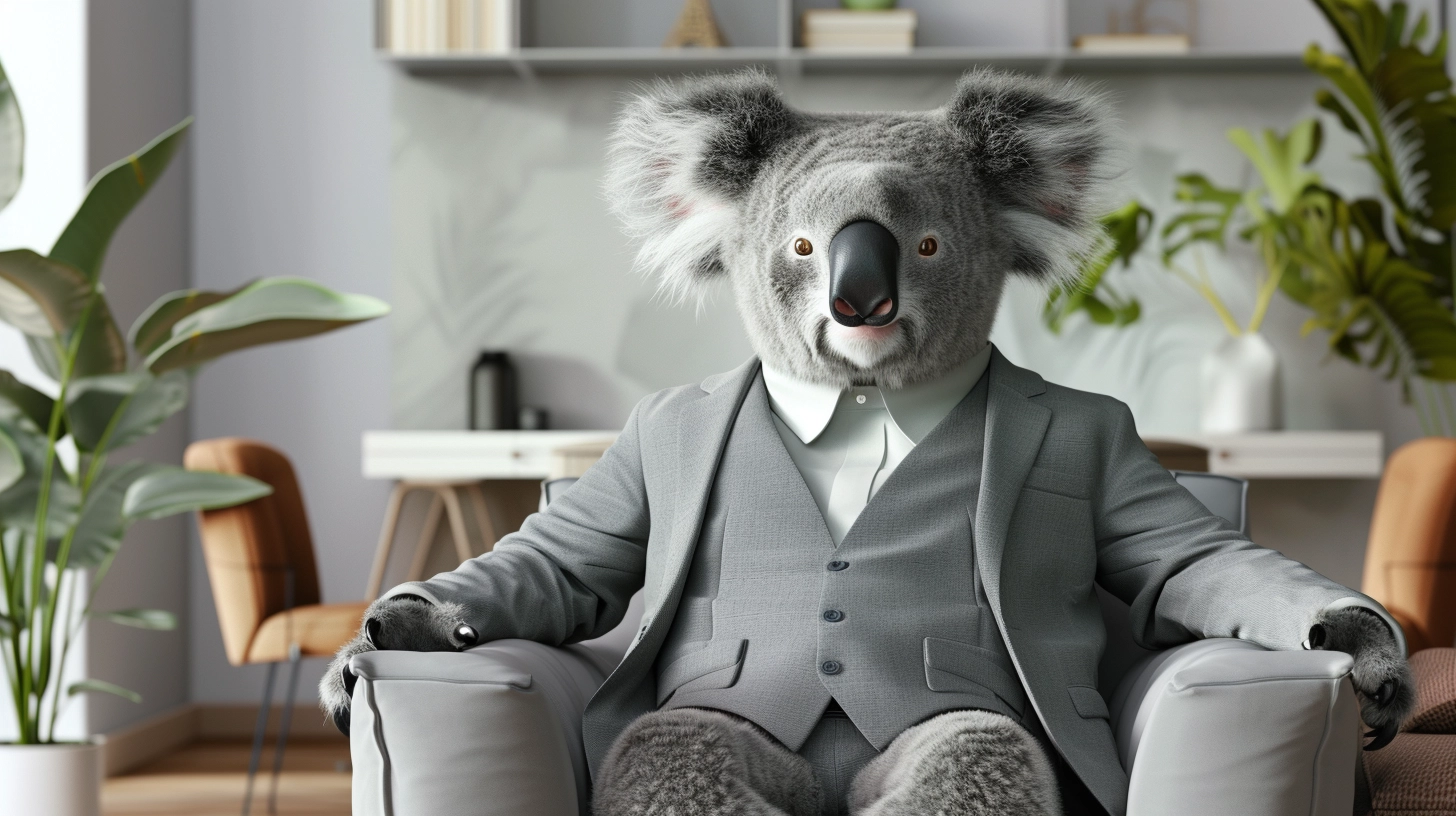 A personified koala bear in a suit is sitting in a chair
