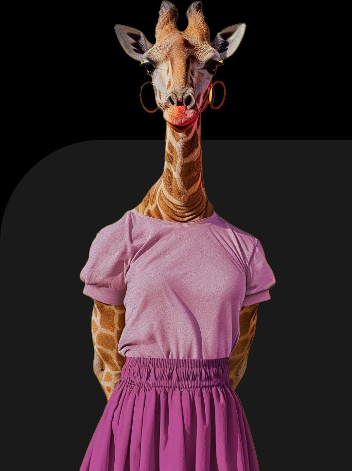 A Giraffe with a pink tshirt and hands behind her back