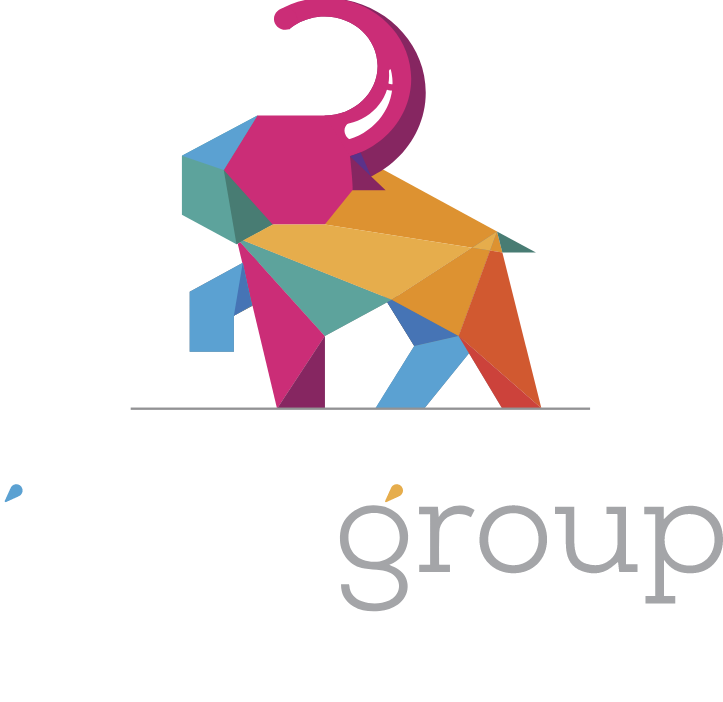 A colorful elephant with the word group below it