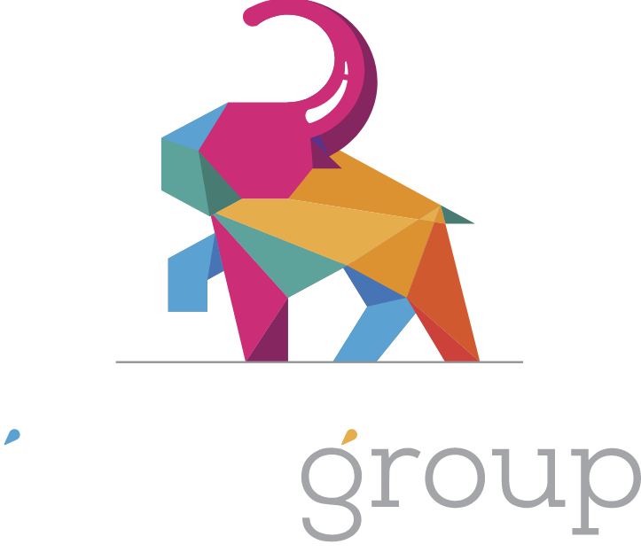 A colorful elephant with the word group below it