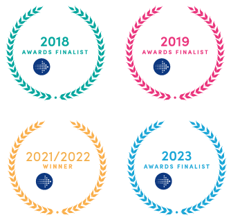 A set of four awards finalist badges for 2018 , 2019 , 2021 / 2022 , and 2023