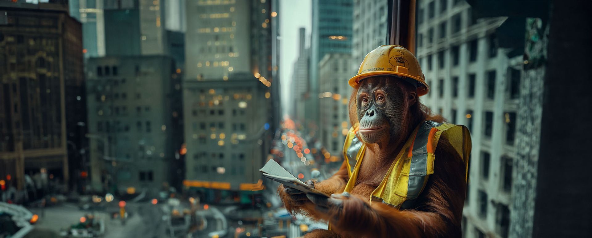 A monkey wearing a hard hat and safety vest
