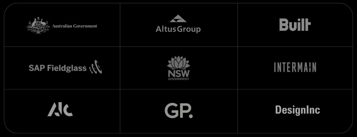 A bunch of logos on a black background including gp and built