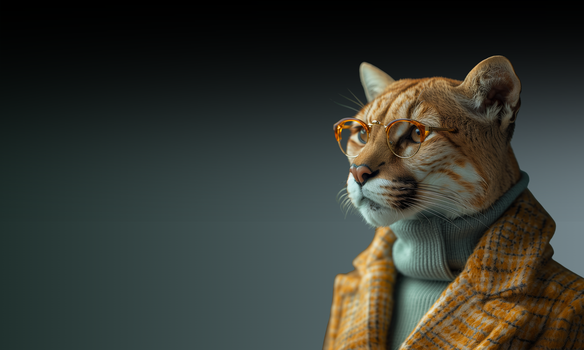 A cougar in a tweed coat, turtleneck, and glasses