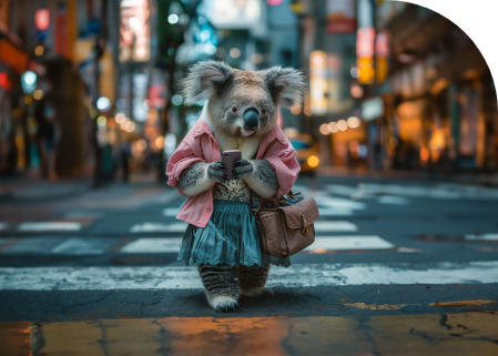 A koala bear is crossing a street while holding a cell phone and a purse.
