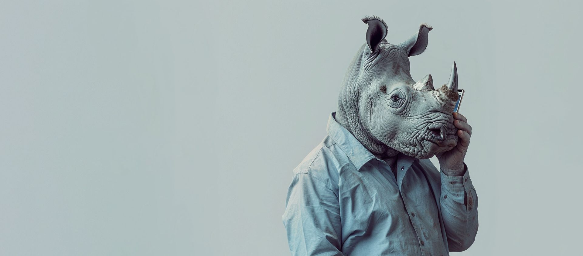 A personified hippo wearing a blue shirt, taking an interview call