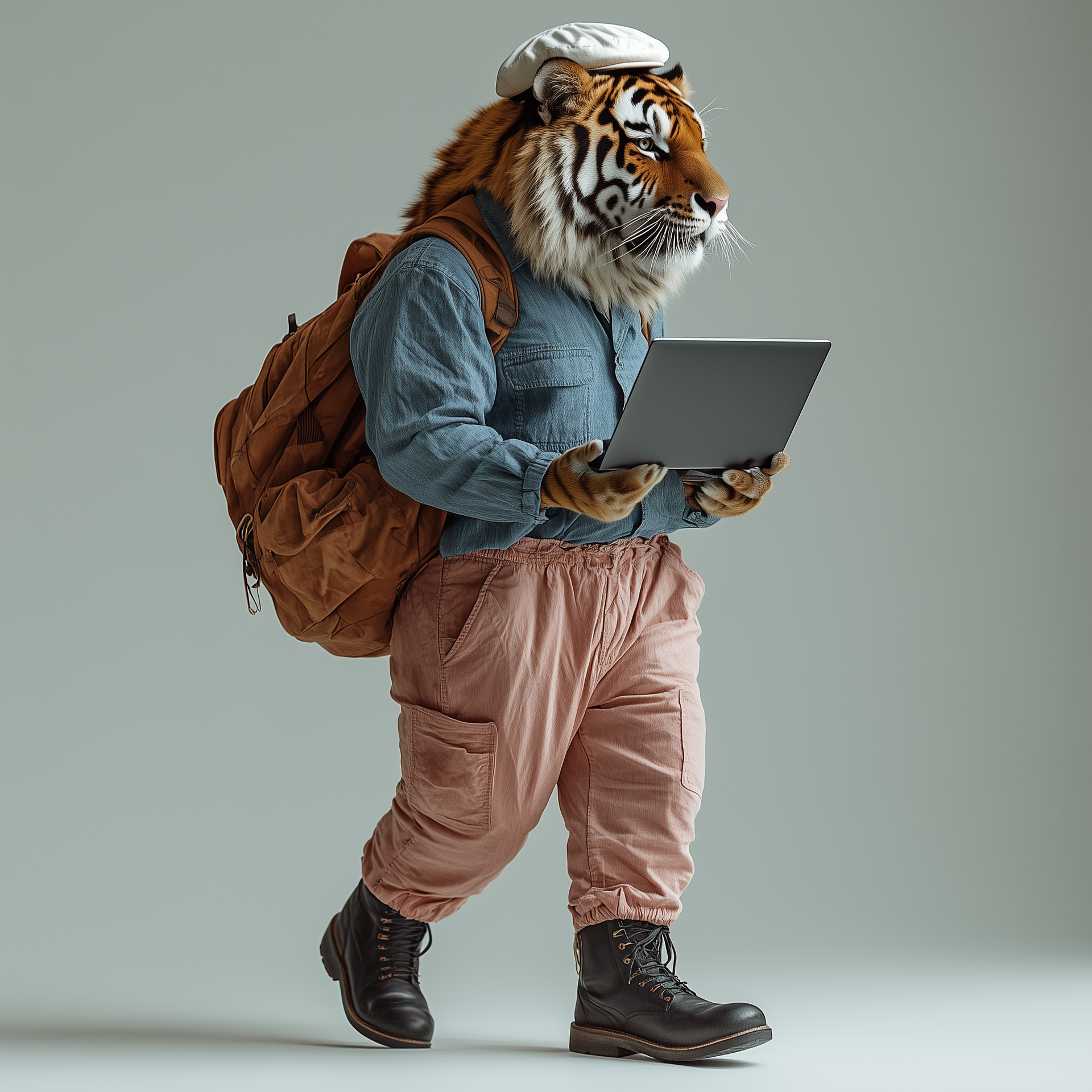 A personified male tiger wearing a blue shirt, holding a laptop
