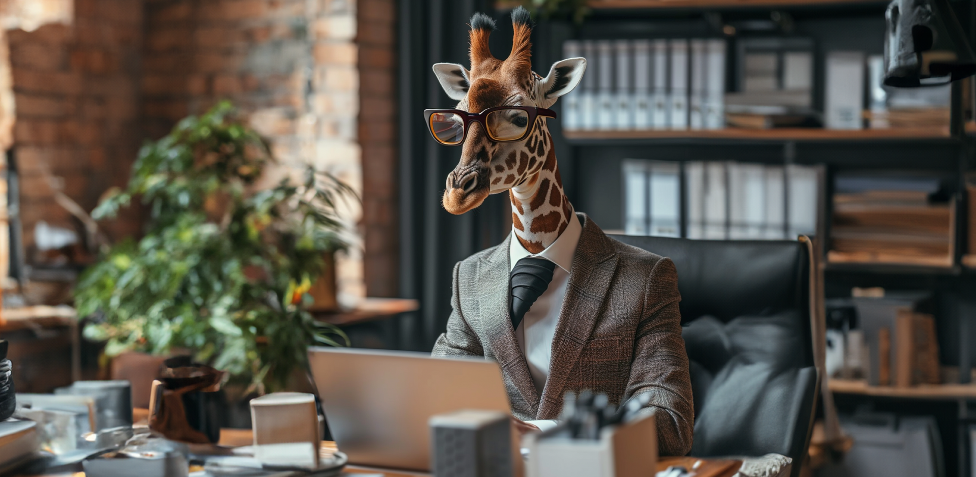 Giraffe-headed talent in a suit working at a desk