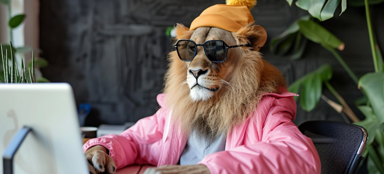 A lion wearing sunglasses and a hat is sitting in front of a computer.