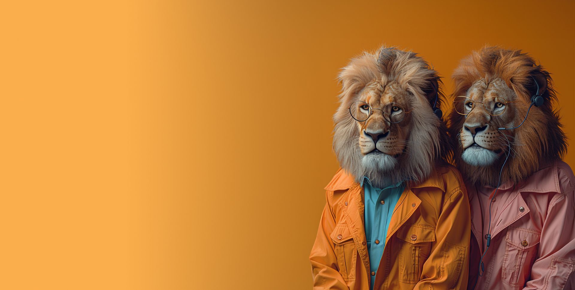 Two lions wearing jackets are standing next to each other