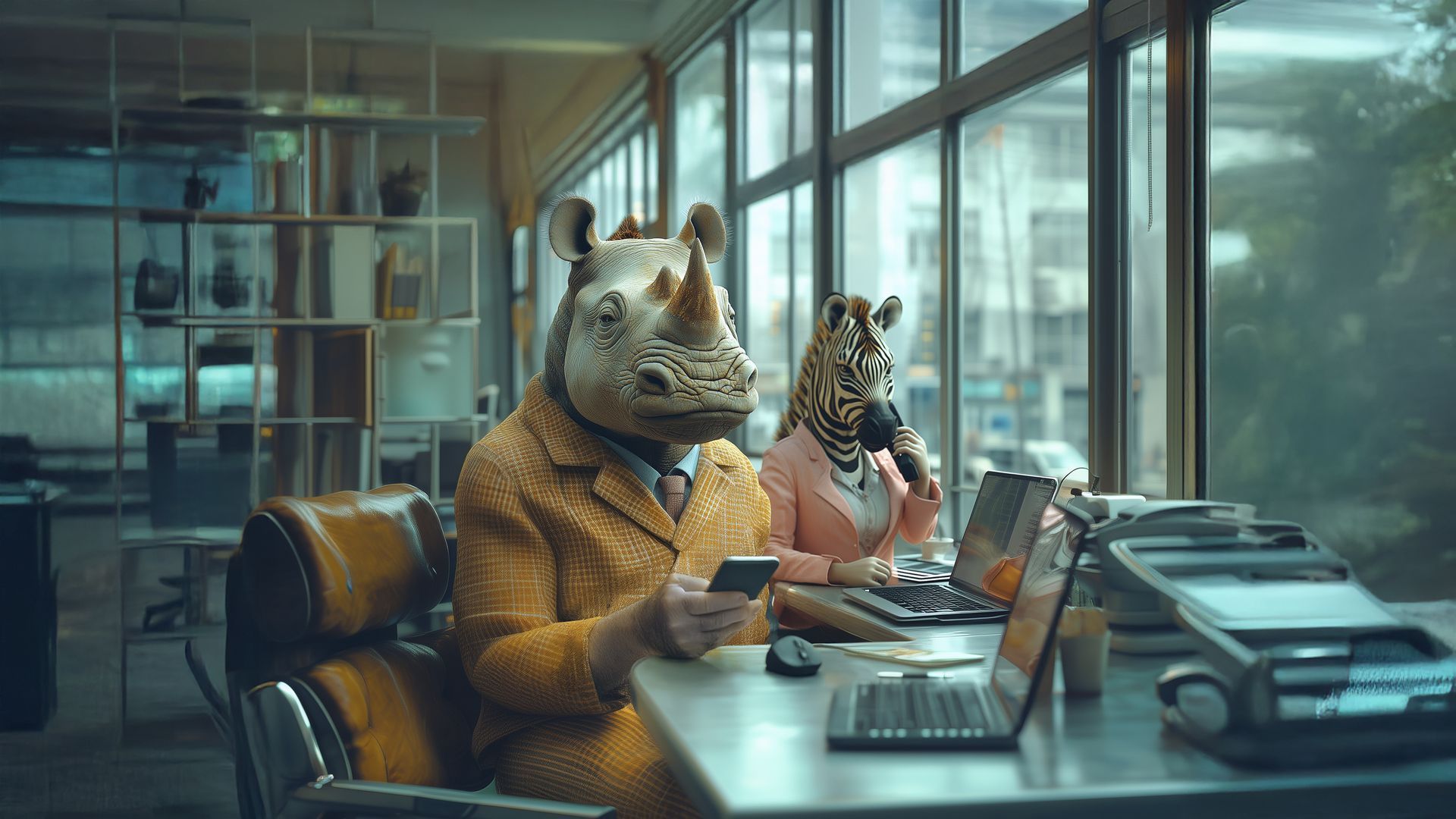 Rhino and zebra wearing business attire at a modern office, working on laptops.