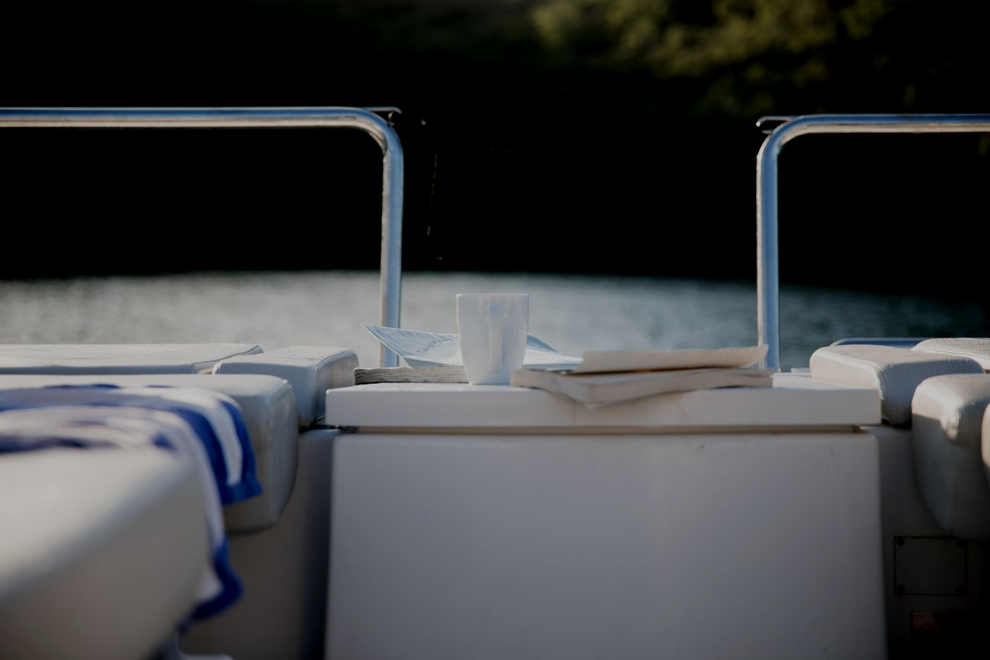 Back of a boat, with a book and drink on a white surface, railings and blurred background.