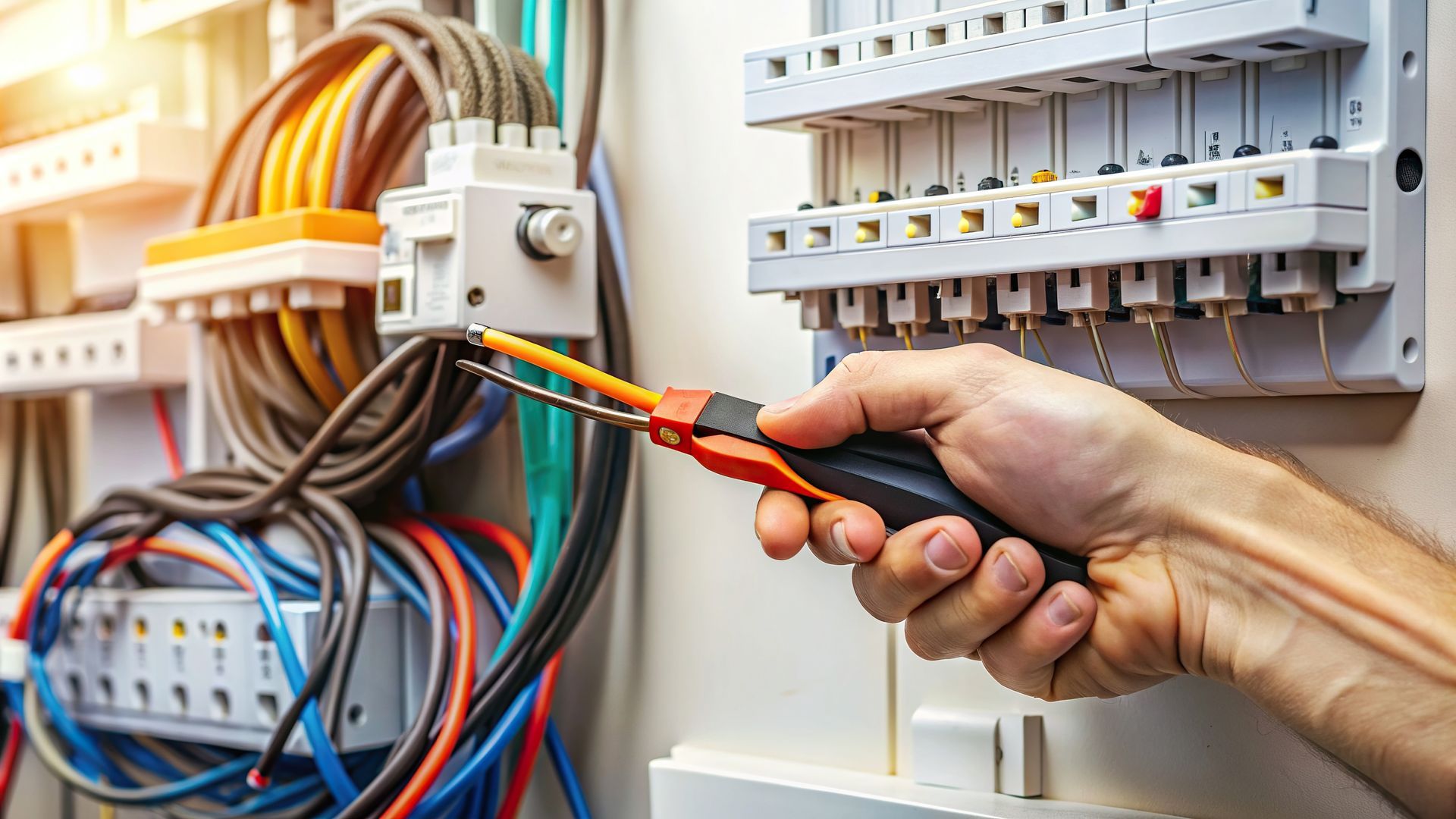 A hand near electrical wiring and electrical fuse box.
