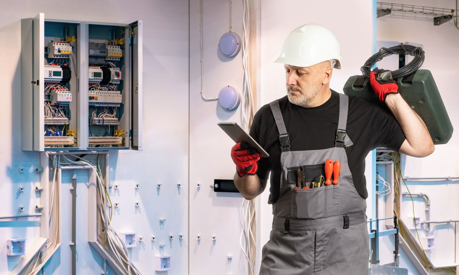 A man is holding a toolbox and looking at a tablet.