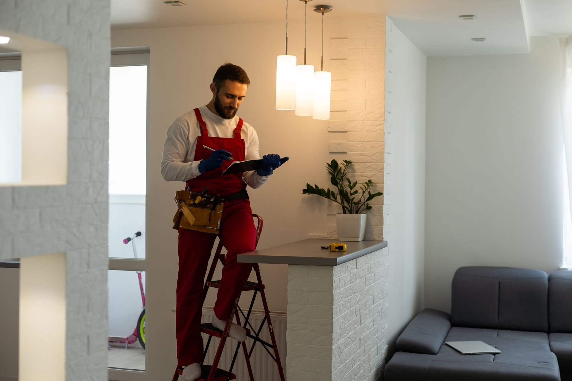 A man is standing on a ladder in a living room looking at a clipboard.