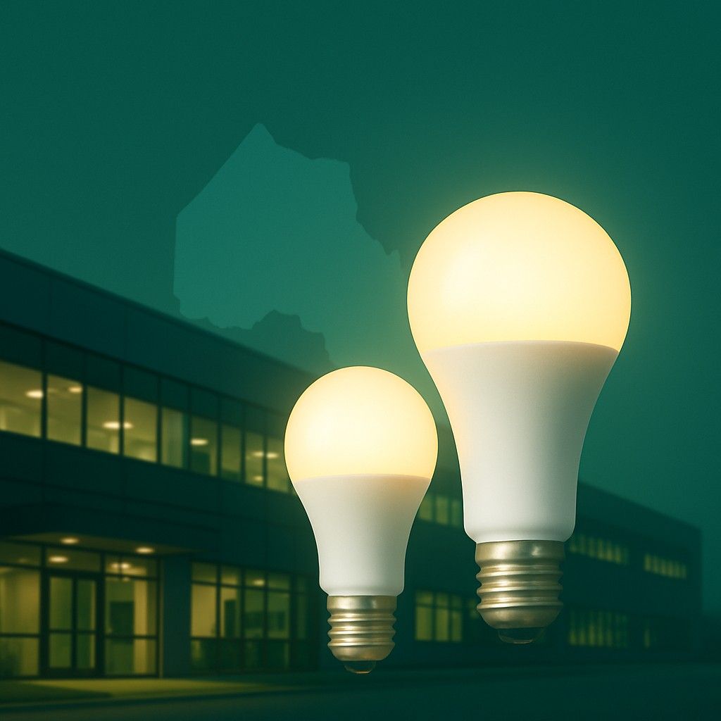Two LED bulbs with a commercial building in the background. 