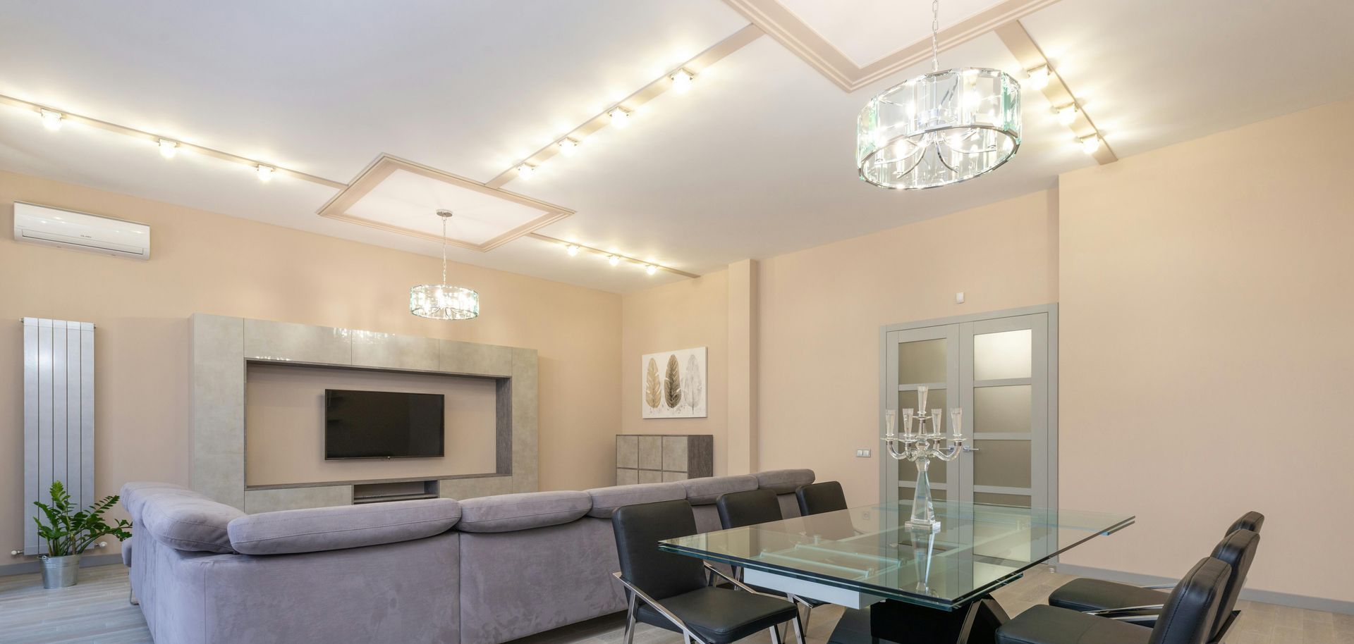 A living room with enhanced lighting system.