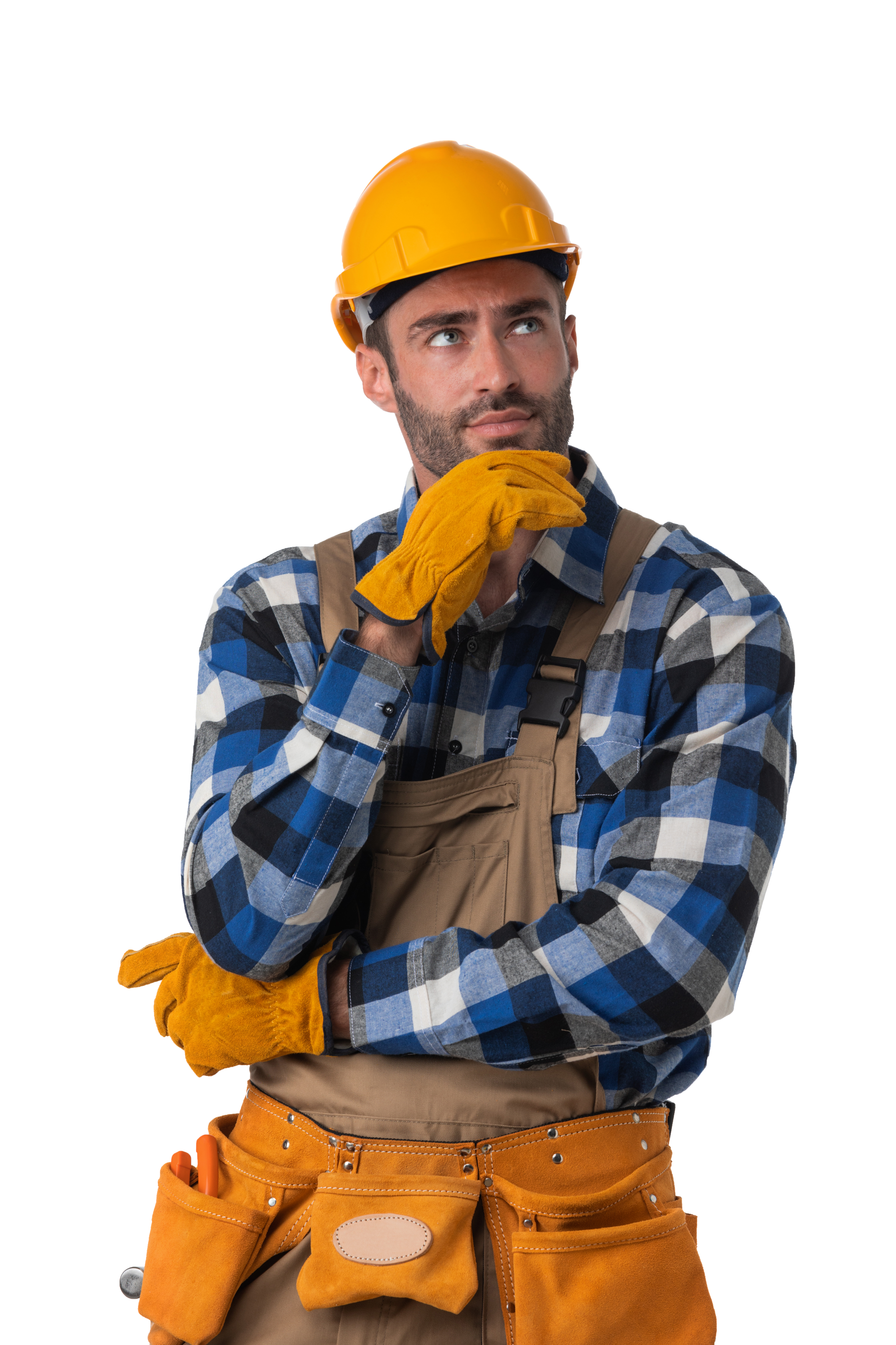 A construction worker wearing a hard hat and gloves is thinking.