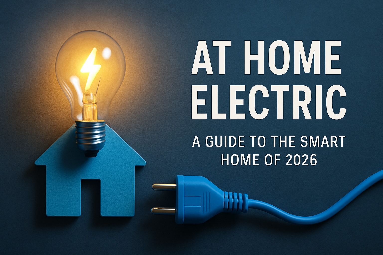Blue house and plug connected to a glowing lightbulb, text 
