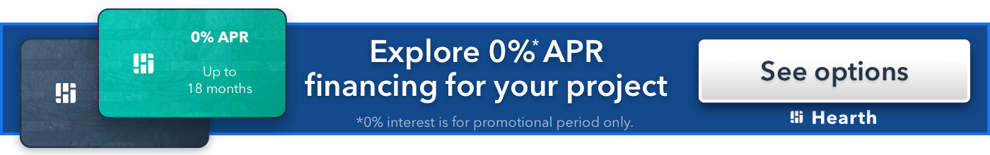 An advertisement with a blue background, offering 0% APR financing, includes 