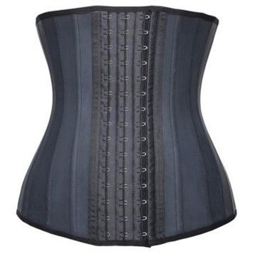 A black waist trainer with hooks on it on a white background.