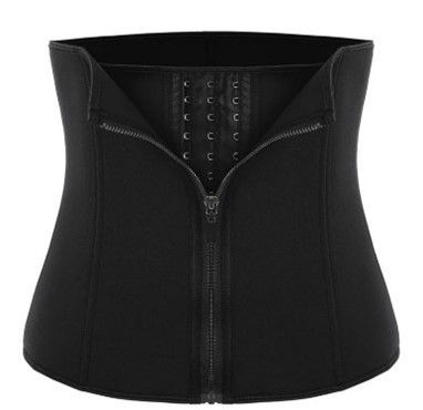 A black waist trainer with a zipper and hooks