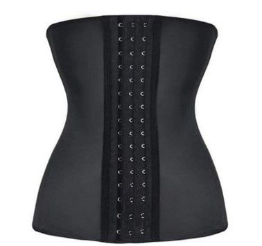 A black waist trainer with hooks on it on a white background.