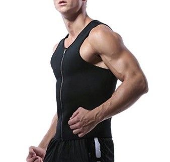 A man is wearing a black tank top with a zipper on the front.