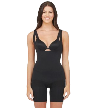 A woman is wearing a black bodysuit with shorts and a bra