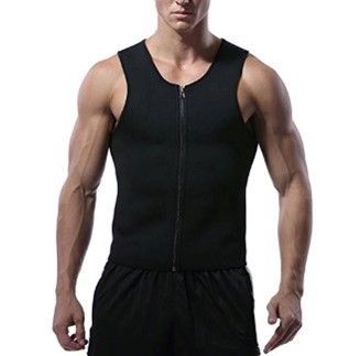 A man is wearing a black tank top and black shorts.